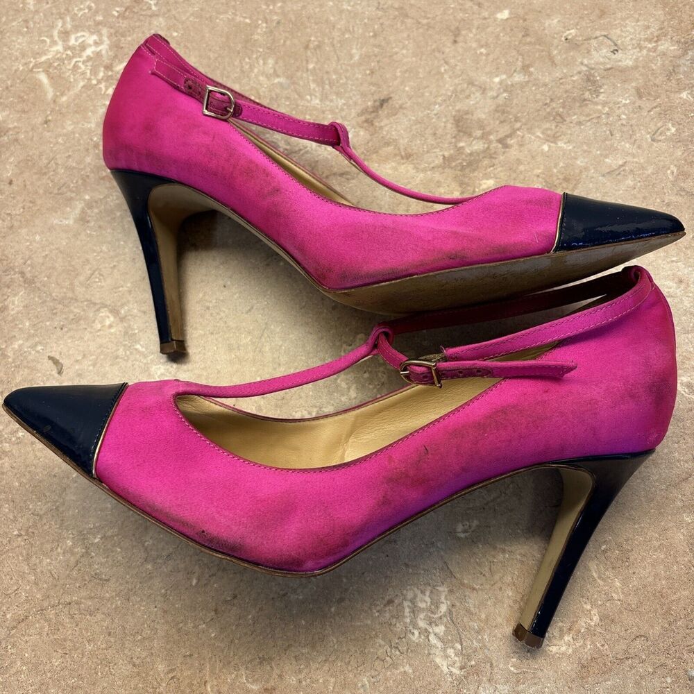 J Crew Women Pink Satin Heels Navy Blue Patent Leather Toe Heels T Strap 8.5 - Picture 7 of 11